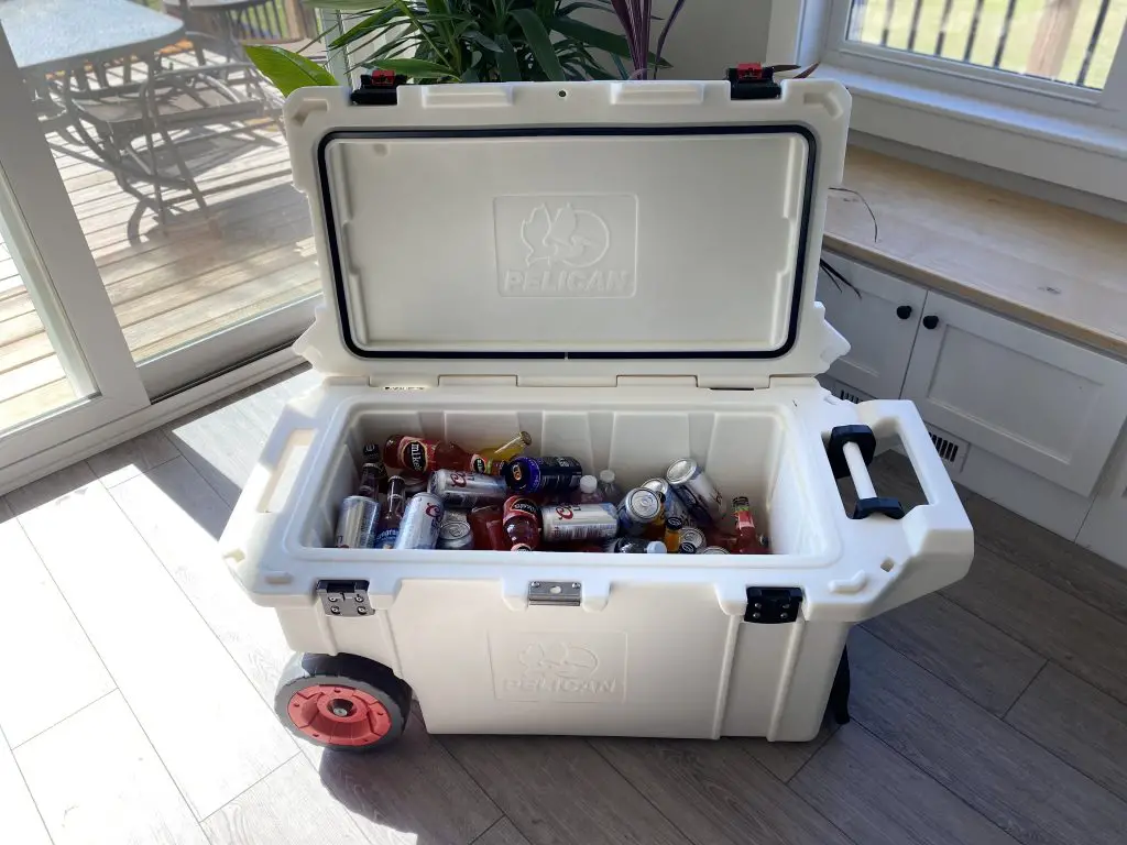 Open pelican 80 qt cooler with drinks inside