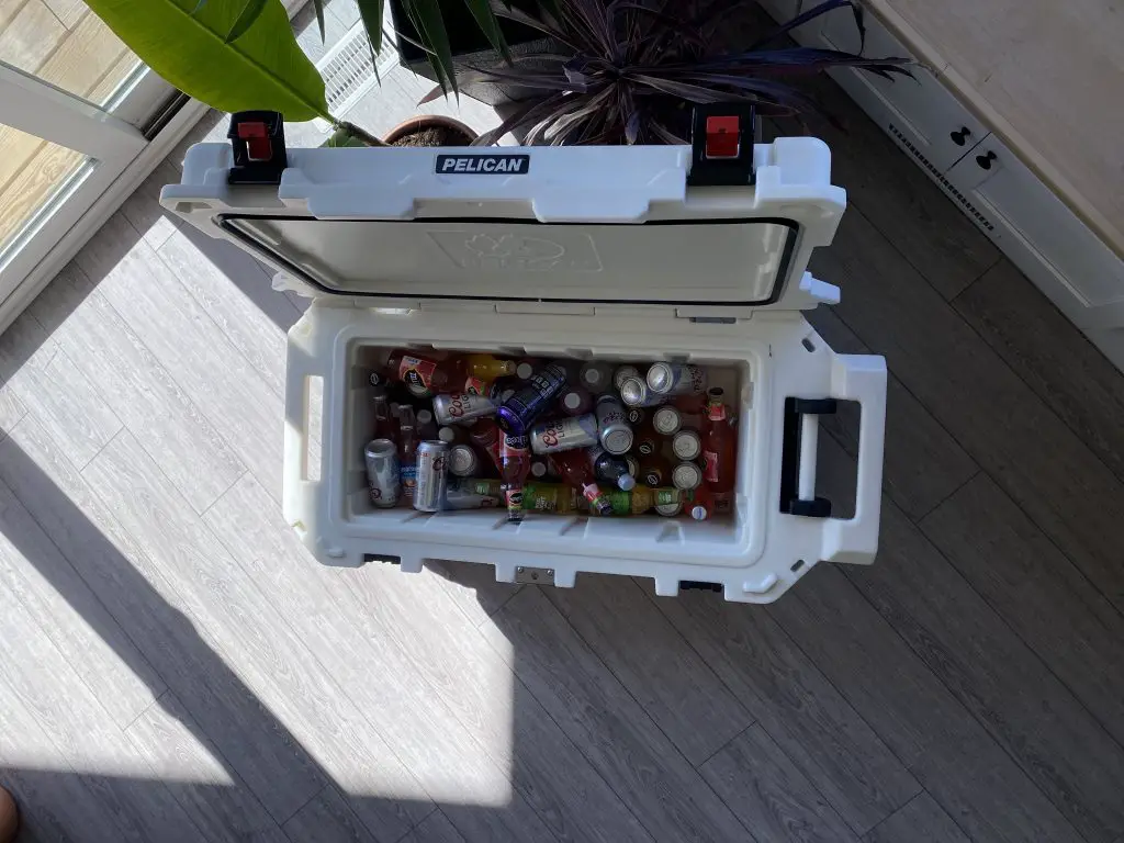 Top view of a pelican 80 qt cooler full of drinks