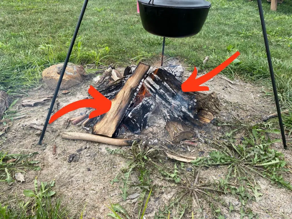 Wood burning on a campfire after 15 minutes, slightly burned.